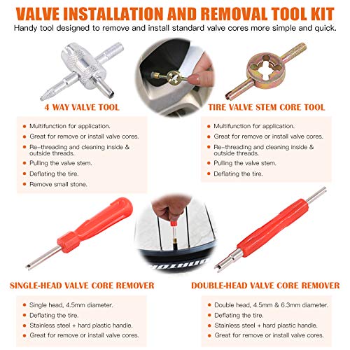65 pcs Tire Valve Stem Tool Puller and Installer Kit- 50 Pcs Valve Cores with Slotted-Head Valve Caps, Tire Stem Puller Tools,Dual Single Head Valve Core Remover and 4-Way Valve Tool