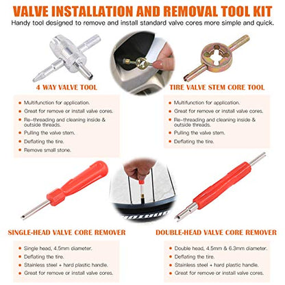 65 pcs Tire Valve Stem Tool Puller and Installer Kit- 50 Pcs Valve Cores with Slotted-Head Valve Caps, Tire Stem Puller Tools,Dual Single Head Valve Core Remover and 4-Way Valve Tool