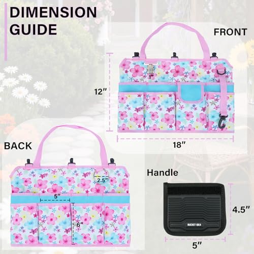 KUNN Gardening Gift for Women Men 5 Gallon Bucket Tool Organizer with 18 Pockets, Heavy-Duty Bucket Buddy Caddy Bag, Garden Tools Organizer Storage with Comfort Grip Handle Pad Attachment,Pink - style: Pink Blossom