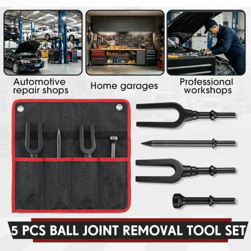 5 Pcs Ball Joint Removal Tool Set 0.94'' and 0.83'' Fork 6.7'' Shovel 4'' Air Hammer Removal Separator Kit with Storage Bag for Automotive Front End Service, Car, Van and Light Truck