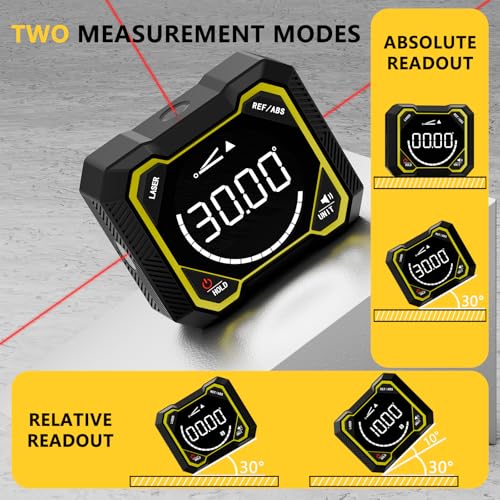 Digital Angle Finder with Laser, Magnetic Inclinometer, USB Rechargeable | 4x90° angle measurement with backlit LCD, auto-rotating display and magnetic base for woodworking, construction and DIY.