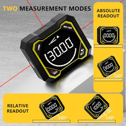 Digital Angle Finder with Laser, Magnetic Inclinometer, USB Rechargeable | 4x90° angle measurement with backlit LCD, auto-rotating display and magnetic base for woodworking, construction and DIY.
