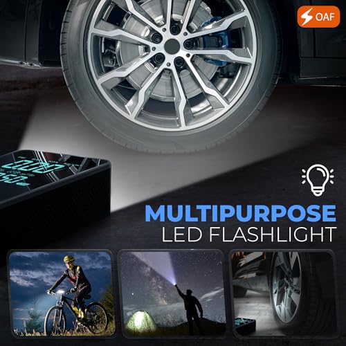 OAF Portable Tire Inflator Air Compressor – Cordless 150 PSI Digital Car Tire Pump with Auto Shut-Off, LED Light & Nozzles for Car, Motorcycle, Bike, Balls & Inflatables