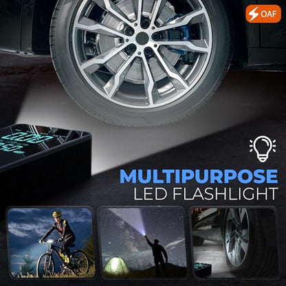 OAF Portable Tire Inflator Air Compressor – Cordless 150 PSI Digital Car Tire Pump with Auto Shut-Off, LED Light & Nozzles for Car, Motorcycle, Bike, Balls & Inflatables