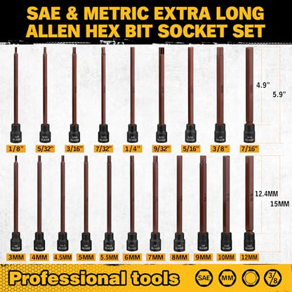 Extra-Long Allen Hex Bit Socket Set: 20-Piece 3/8 Inch Drive, 150mm S2 Steel, Standard SAE & Metric (1/8-Inch - 7/16-Inch, 3-12mm) for Impact Drills and Ratchet Wrenches - style: 150mm Allen Hex Bit Socket Set