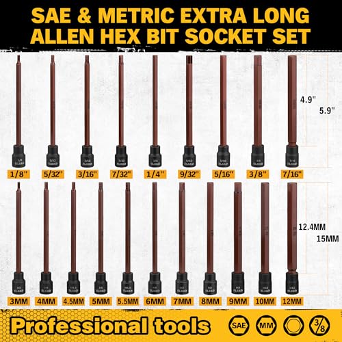 Extra-Long Allen Hex Bit Socket Set: 20-Piece 3/8 Inch Drive, 150mm S2 Steel, Standard SAE & Metric (1/8-Inch - 7/16-Inch, 3-12mm) for Impact Drills and Ratchet Wrenches - style: 150mm Allen Hex Bit Socket Set