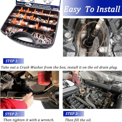 1160PCS Crush Washer Oil Drain Plug,18 Sizes Copper and Aluminum Oil Drain Plug Gasket Assortment,Automotive Engine Crush Washers (M6 M8 M10 M12 M14 M16 M18 M20 M22 M24) - size: 1160PCS (M6-M24)