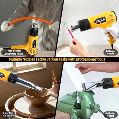 1800W Heat Gun for Crafting - 100℉ to 1200℉ Variable Temperature, 4 Nozzles & Overload Protection - Hot Air Gun for Shrink Tubing, Epoxy Resin, Paint Removing, DIY Projects - color: Yellow-4