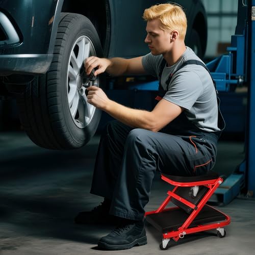 Magshion 40" Triplex Folding Creeper and Rolling Seat 2-in-1 330 lbs Capacity Foldable Mechanic Creeper Garage Stool Lay Down or Sit (Red) - color: Red, size: 40"