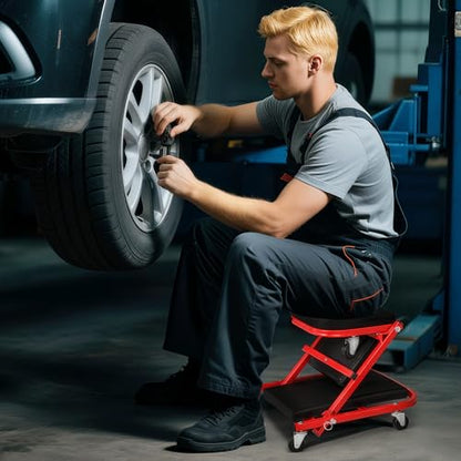 Magshion 40" Triplex Folding Creeper and Rolling Seat 2-in-1 330 lbs Capacity Foldable Mechanic Creeper Garage Stool Lay Down or Sit (Red) - color: Red, size: 40"