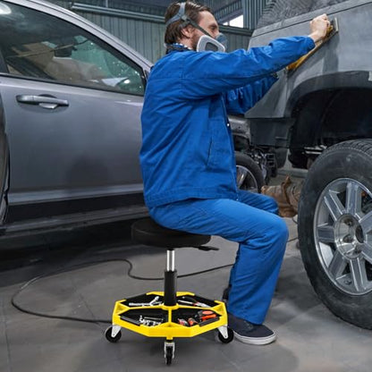 TANGZON 150KG Pneumatic Rolling Mechanic Stool, 41CM-55CM Height Adjustable & 360° Swivel Roller Creeper Seat with Removable Tool Tray and Wheels, Heavy Duty Padded Garage Workshop Stool (Yello+Black) - color: Yello+black