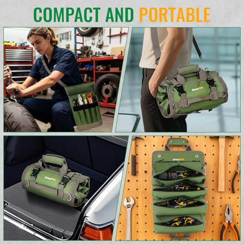 GrenPRO Roll Up Tool Bag With Detachable Pouches, Heavy Duty Organizer With 6 Pockets for Mechanics, Electricians, DIY, Gifts for Dad, Men Birthday Gift, Green - color: Green