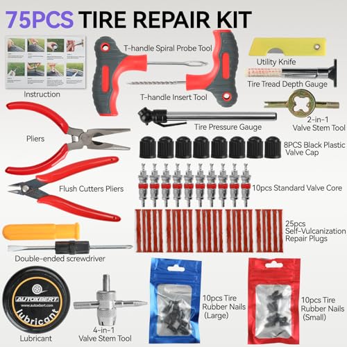 AUTOXBERT Flat Tire Repair Kits, 75 PCs Universal Tire Screw Plug Kit with Screwdriver Heavy Duty Flat Tire Puncture Repair Kit for Cars, Trucks, Motorcycles, ATV, RV, Tractor, Trailer, Lawn Mower - size: 75pcs Compact+kit