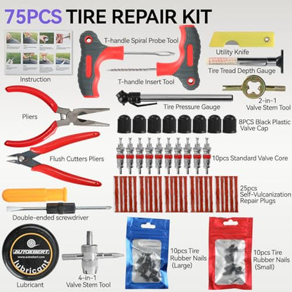 AUTOXBERT Flat Tire Repair Kits, 75 PCs Universal Tire Screw Plug Kit with Screwdriver Heavy Duty Flat Tire Puncture Repair Kit for Cars, Trucks, Motorcycles, ATV, RV, Tractor, Trailer, Lawn Mower - size: 75pcs Compact+kit