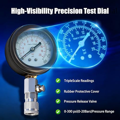 Upgraded Compression Tester & Spark Plug Tester Kit, 0-300 PSI Gauge for Gasoline/Diesel Engines, with Adapters, Hoses & Sturdy Case for Automotive Use
