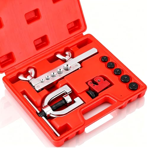 Brake Line Flaring Tool Kit, Double & Single 45° Flare Tool with Tubing Cutter, 5 Adapters 3/16"-1/2", for Copper Aluminum Brass Soft Steel Tubing - size: MU-FTK-300