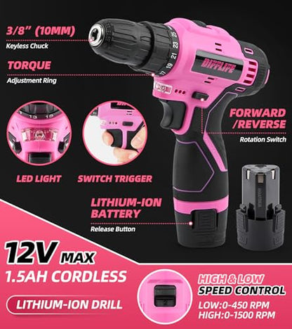 147 Piece Pink Power Drill Drivers Tool Set with 12V Cordless Drill, Professional Household Home Tools Kit Set, DIY Pink Electric Drill Cordless Hand Tool Box for Women - style: 147 Piece Pink