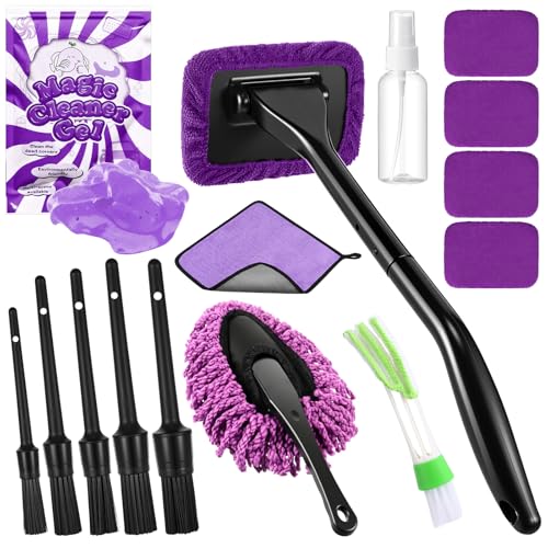 16 Pcs Windshield Cleaner Tool, Car Cleaning Kit with Various Detailing Brushes Set Spray Bottle Cleaner Towel Cleaning Gel Accessories Car Interior Detailing Kit for Windows Vents(Purple) - color: Purple