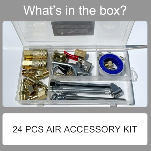 24Pcs Pneumatic Accessory Kit,Pneumatic Blow Gun Parts Set | For Dust Cleaning and Blowing,With 1/4" NPT Quick Connect Coupler, valve adapters, nozzles, nipples, inflator set,etc.
