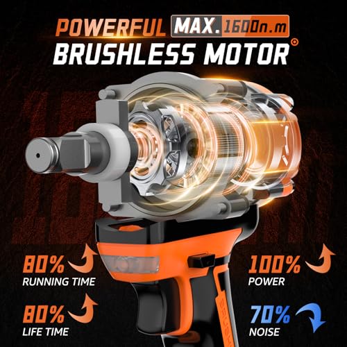 1600Nm(1200Ft-lbs) High Torque Cordless Impact Wrenches 1/2" Brushless Impact Gun Wrench with 2 x 4.0Ah 21V Batteries, 6 Sockets, Extension Bar, Variable Speeds for Home/Car/Truck/RV/Mower - size: 1600N.m