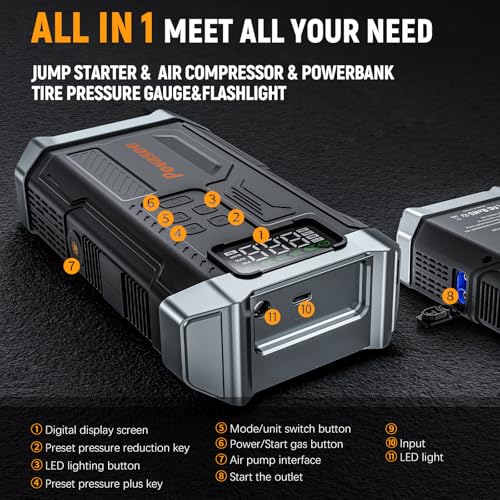 [2026NEW Model] 5000A Jump Starter with Air Compressor,Car Jumper Starter Portable with 150PSI Tire Inflator 12V Jump Box with LCD Display,Flashlight,Storage Case (Up 9L Gas/8L Diesel Engine - style: With Air Compressor