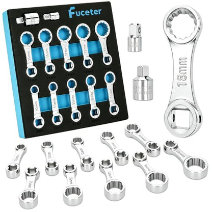 Torque Adapter Set Metric 12PCS, Includes 10, 11, 12, 13, 14, 15, 16, 17, 18, 19mm, 12 Point Box End Torque Wrench Extension Adapter 3/8" Drive, with 1/2" + 1/4" Drive Converters - size: Metric 10-19mm