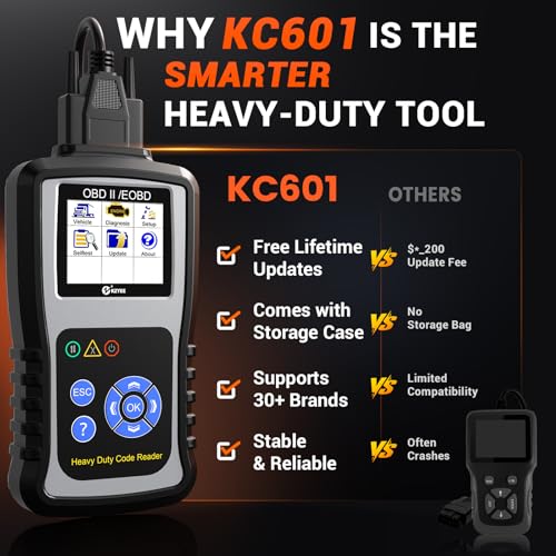 KZYEE KC601 Heavy Duty Truck Scanner, Diesel Scanner Diagnostic Tool for Cummins, CAT, Freightliner, International, Mack, Volvo & Detroit, Read & Clear Codes, Live Data, Free Lifetime Updates