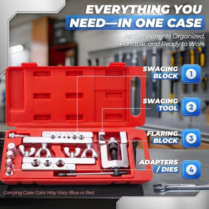Flexzion Flaring Tool HVAC Kit for Copper Tubing - 45 Degree Single Flare & Swaging Tool Set, 1/8 to 3/4 Inch Pipe Tube Flaring Kit for HVAC, Refrigeration, Automotive & Plumbing with Carrying Case