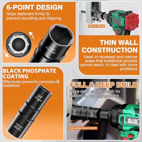 XEWEA 1/2 Inch Drive 21mm x 22mm Thin Wall Impact Flip Socket, Lug Nut Impact Socket Set Double Ended Thin Wall Nut Sockets CR-MO Twist Removal Tool for Stripped Rusted Bolts - size: 21 mm x 22 mm