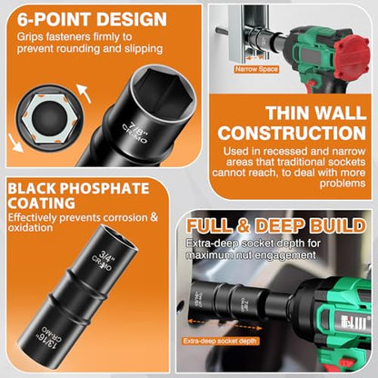 XEWEA 1/2 Inch Drive 21mm x 22mm Thin Wall Impact Flip Socket, Lug Nut Impact Socket Set Double Ended Thin Wall Nut Sockets CR-MO Twist Removal Tool for Stripped Rusted Bolts - size: 21 mm x 22 mm