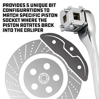 Powerbuilt Rear Disc Brake Piston Tool, 3/8-Inch Drive Brake Caliper Tool, Cube rotates and depresses caliper pistons back into caliper when changing brake pads - 648410
