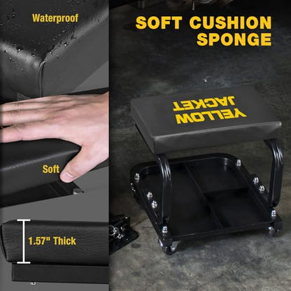 YELLOW JACKET Mechanic Rolling Stool 250 Lbs Capacity, Garage Stool on Wheels with Tool Tray Storage, Work Stools with Wheels for Garage, Shop, Mechanic Chair with Wheels, Auto Repair - size: Medium