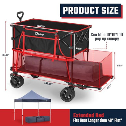 Sekey 500LBS Heavy Duty Double Decker Wagon with Extender, 400L Large Capacity Collapsible Garden Cart Fits 10x10 Canopy, All-Terrain Big Wheels with Brakes, Foldable Utility Wagon for Sports, Camping - color: Red