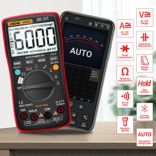 ANENG Bluetooth Multimeter, TRMS 6000 Count Auto Range AC/DC Digital Tester | Ohm Volt Meter Measures AC/DC Voltage,Current,Resistance,Capacitance, continuity,Diodes,Temperature for Automotive