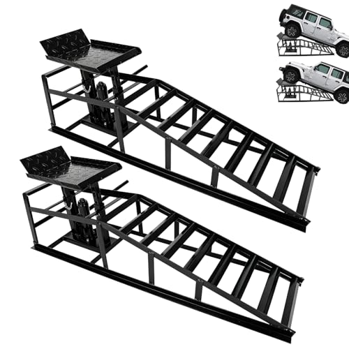 2 Pcs Black Hydraulic Car Ramps 5 Ton (11,000 LBS) Heavy Duty Steel Car Lift Ramps with Hydraulic Jack for Oil Changes & Truck Repair, Truck Trailer Garage Vehicle Ramps - color: Black