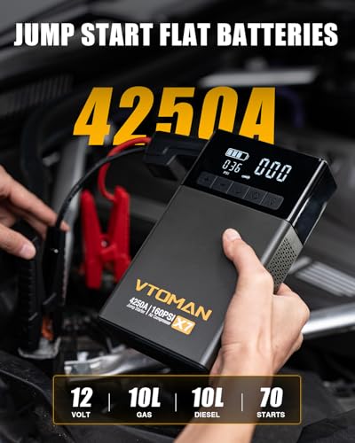 VTOMAN X7 Jump Starter with Air Compressor, 4250A&160PSI Pickup Trucks & Suvs Battery Car Jumper Starter Portable(10L Gas/10L Diesel) with Auto-Shutoff Tire Inflator, 12V Lithium Booster Box, QC3.0 - color: Gray