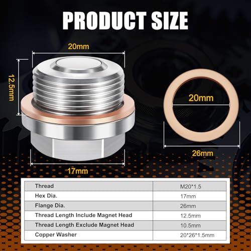 M20x1.5 Engine Oil Drain Plug Stainless Fit for Subaru 98-13 Forester, 93-14 Impreza, 90-19 Legacy, 08-14 Tribeca, 13-21 WRX STI, Stainless Steel Magnetic Oil Pan Drain Plug - size: M20 x 1.5