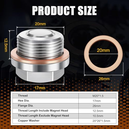 M20x1.5 Engine Oil Drain Plug Stainless Fit for Subaru 98-13 Forester, 93-14 Impreza, 90-19 Legacy, 08-14 Tribeca, 13-21 WRX STI, Stainless Steel Magnetic Oil Pan Drain Plug - size: M20 x 1.5