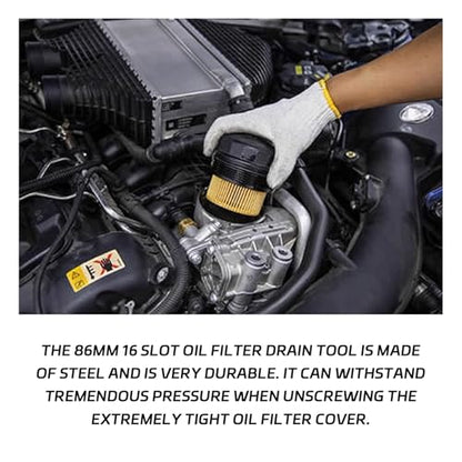 1PC 86mm 16 Flute Oil Filter Wrench Replacement, Oil Filter Housing Cap Removal Tool to Change Oil, Steel Socket Wrench Kit for BMW and Volvo XC90、XC70、S60、S40、C70、S80、V40、V70