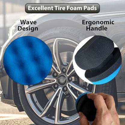 4 Pcs Tire Shine Applicator Pads, Tire Dressing Applicator, Reusable Tire Shine Sponge Wave Contoured for Car Detailing, 3.15inch (2 Blue & 2 Black) - size: 3.15inch-2 Black & 2 Blue