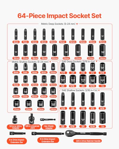 VEVOR Impact Socket Set 3/8" Drive, 64-Piece Standard SAE (5/16 to 1 inch) & Metric (6 to 24 mm) Size, Deep & Shallow, 6 Point, CR-V, Ratchet Handle, Extension Bars, Universal Joint, Adapters - style: 3/8" 64 PCS