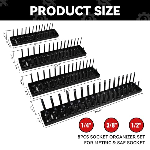 AIUITIO Socket Organizer Tray Set,8-Piece Socket Holder Set Includes 2PCS 1/4", 4PCS 3/8", 2PCS 1/2" Drive Metric SAE Socket Trays, Store 226 Pieces Standard and Deep Sockets