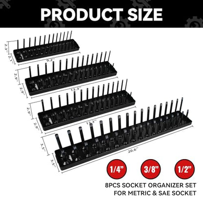 AIUITIO Socket Organizer Tray Set,8-Piece Socket Holder Set Includes 2PCS 1/4", 4PCS 3/8", 2PCS 1/2" Drive Metric SAE Socket Trays, Store 226 Pieces Standard and Deep Sockets