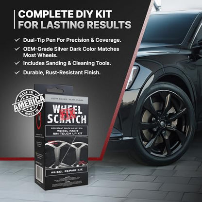 Wheel Scratch Fix® Silver Touch Up Paint for Cars - DIY Alloy Wheel Repair Kit, Curb Rash Remover with Fast-Drying Pen - Long-Lasting OEM Finish Car Rim Paint for Scuffs and Chips at Home (Light Silver) - color: Silver - Light - Kit