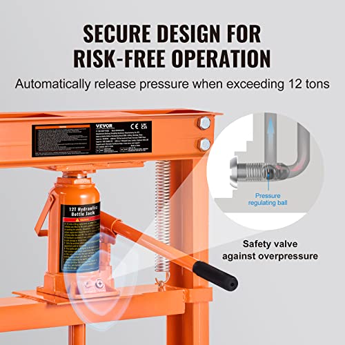 VEVOR Hydraulic Shop Press, 12 Ton/26000lbs, H-Frame, 4-Hold Adjustable Height, with Movable Plates, for Garage or Professional Users, Orange - size: 12T