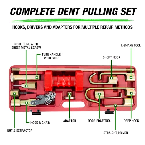 OEMTOOLS 25922 Dent Puller Kit, 10-Piece Drop Forged Steel Dent Removal Kit For Cars, Includes 10 lb. Slide Hammer, Hooks, Drivers, Fasteners, And Tools | Sturdy Storage Case Included, 10 lb. Slide Hammer, Shop Ready Durability, 23 Inch Slide Hammer Shaft