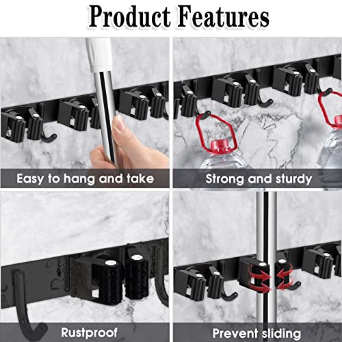 2 Pack Black Broom Holder Wall Mount, 5 Racks 4 Hooks Mop and Broom Holder | Mop Holder Wall Mount and Broom Hanger for Garage, Laundry Room, Kitchen and Utility Storage - color: 5 Racks & 4 Hooks (Black) - 2 Pack