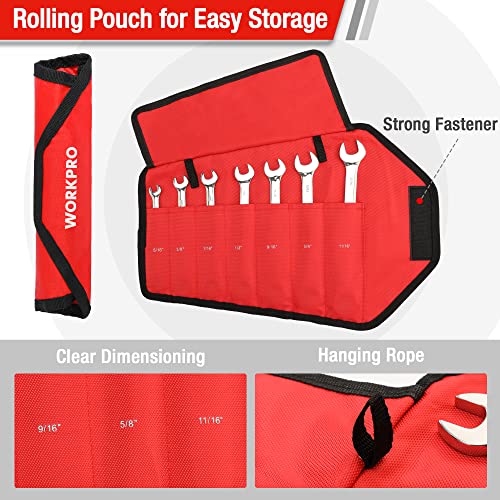 WORKPRO 7-Piece Ratcheting Combination Wrench Set, 72 Teeth, Cr-V Constructed, Combo Ratchet Wrenches Set with Roll Up Pouch, SAE 5/16"-11/16" - size: SAE