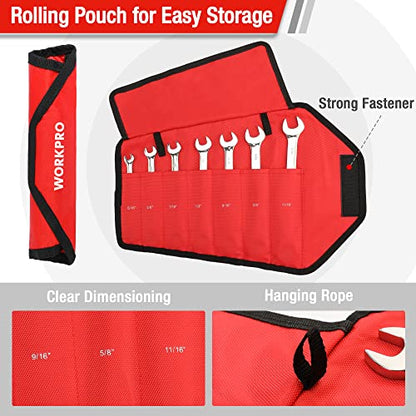 WORKPRO 7-Piece Ratcheting Combination Wrench Set, 72 Teeth, Cr-V Constructed, Combo Ratchet Wrenches Set with Roll Up Pouch, SAE 5/16"-11/16" - size: SAE