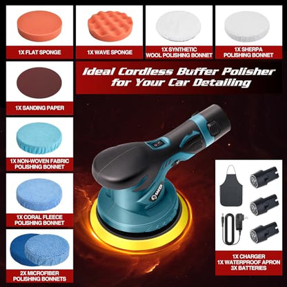 Saker Cordless Car Buffer Polisher - 6 Inch Portable Polishing Waxer Machine Kit for Car Detailing, with 3PCS 12V 2000mAh Batteries, Extra 10 PCS Attachments - style: BUFFER POLISHER +3 BATTERIES